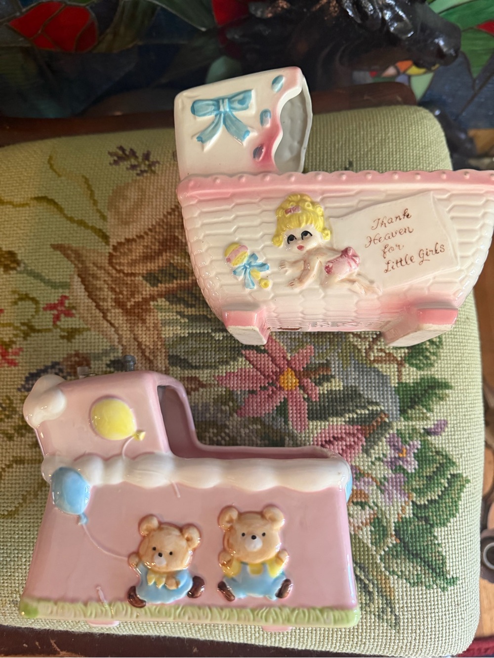 Vintage Pair Baby Girl Pink Ceramic Box Planters Music Boxes- Both work